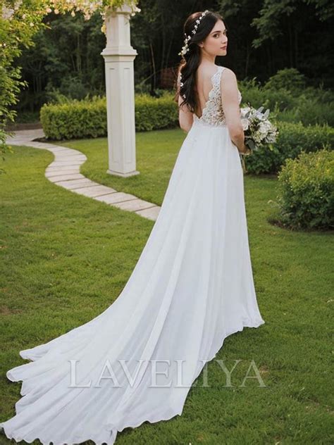 A Line V Neck Appliques Lace Chapel Train Chiffon Wedding Dress Laveliya