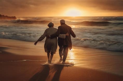 An Older Couple Walking On The Beach At The Sunset Premium AI