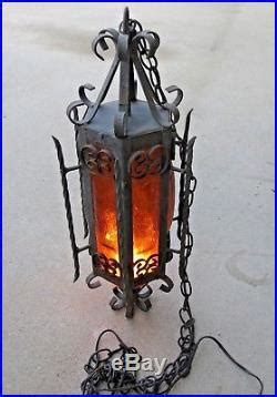 Vintage Wrought Iron Gothic Hanging Swag Lamp Light Honeycomb Amber