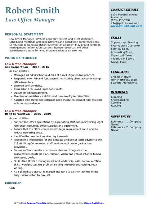 10 Law Office Manager Resume Samples And Templates For 2025