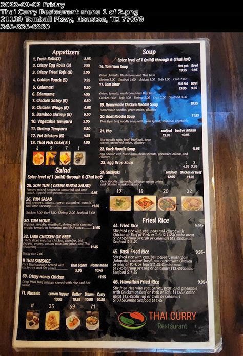 Menu at Thai Curry restaurant, Houston