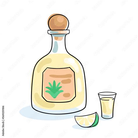 Tequila Bottle And Shot Glass Picture In Line Style Black Contour