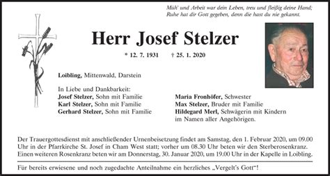 Traueranzeigen Von Josef Stelzer Mittelbayerische Trauer