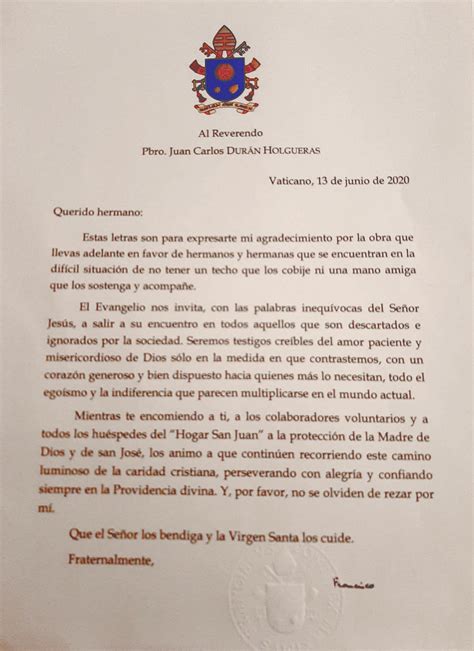 Carta Del Santo Padre Dirigida Al Hogar San Juan Fundaci N Hogar San Juan