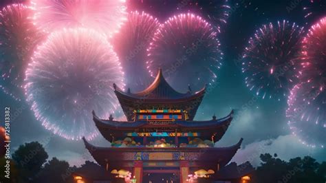 Fireworks Chinese New Year above temple. Lunar New Year fireworks 2024 ...