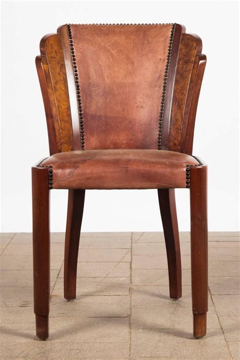 Set Of Six Art Deco Dining Chairs In Walnut Burl And Cognac Leather