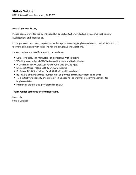 Talent Specialist Cover Letter Velvet Jobs