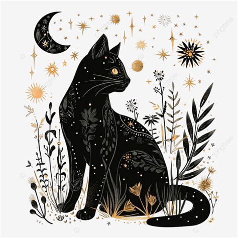 Black Cat With Plants Moon Stars Boho Mystical Celestial Clipart Cat