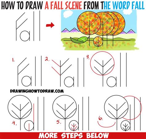 How to Draw Fall / Autumn Scene from the Word “Fall” – Easy Cartoon ...