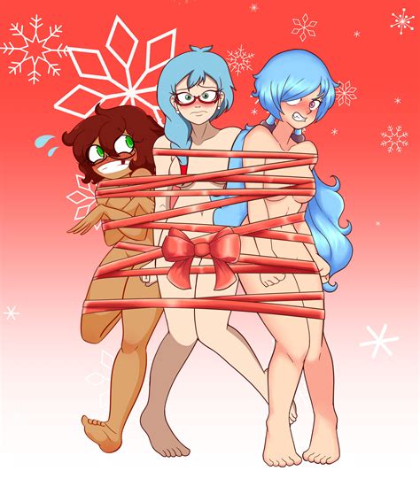 Rule 34 3girls Barefoot Blue Hair Blush Bondage Bow Breasts Brown Hair Brown Skin Censored