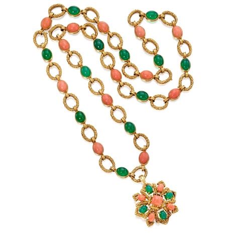 Van Cleef Arpels Gold Coral And Chrysoprase Pendant Necklace France