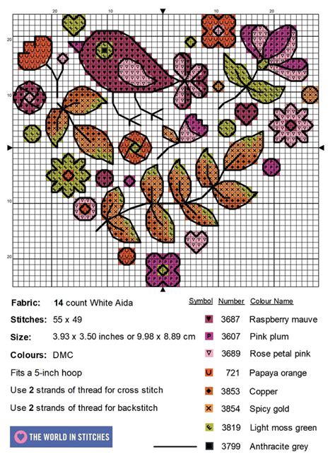 Autumn Heart with Bird Free Cross Stitch Chart – The World in Stitches