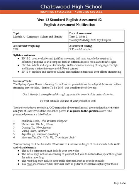 Module A Assessment Notification 2023 Year 12 Standard English