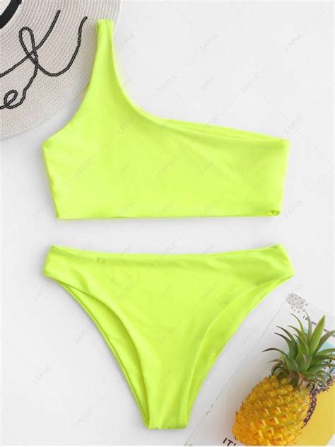 Off Popular One Shoulder Bikini Set In Tea Green Zaful