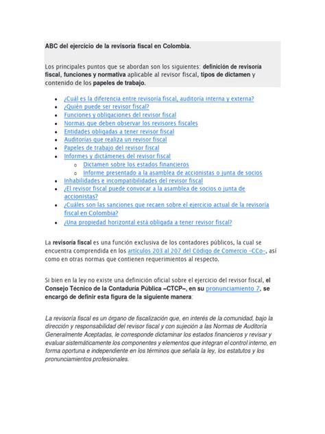 Abc Del Ejercicio De La Revisoría Fiscal En Colombia Pdf Auditoría