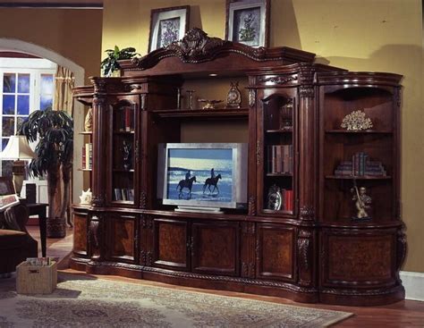 6 Pc Medium Finish Wood Entertainment Center Wall Unit With Carved