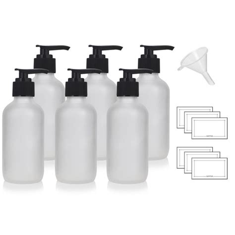 4 Oz Frosted Clear Glass Boston Round Bottle With Black Lotion Pump 6 Pack Funnel And Labels