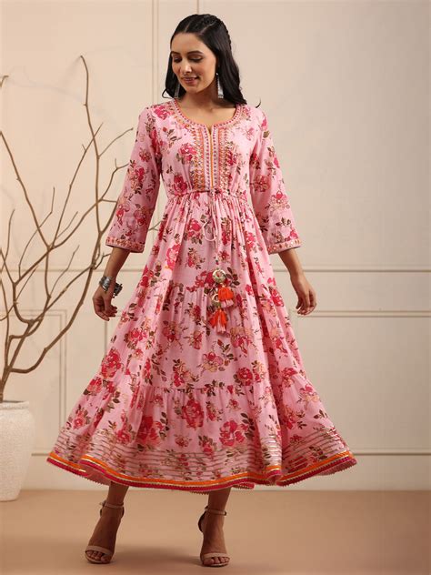 Buy Rain And Rainbow Women Pink And Green Floral Print Tiered Anarkali