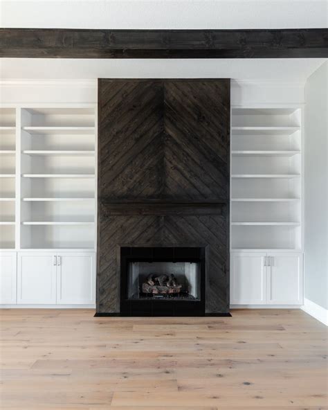 Dark Stained Chevron Shiplap Fireplace Floating Mantle Floor To Ceiling Shelving Light Oak