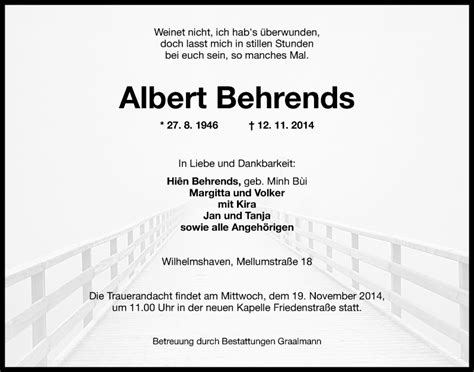 Traueranzeigen Von Albert Behrends Nordwest Trauer De