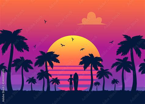 Silhouettes Of Tropical Summer Palm Trees Surfer And The Beach On The