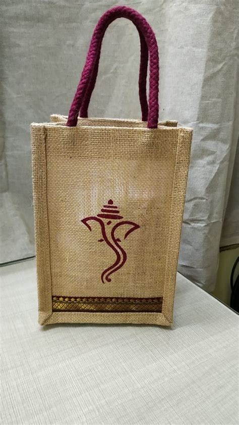 Short Cotton Padded Brown Loop Handle Printed Jute Bag Size Dimension