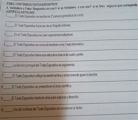 ITEM 2 CONTENIDOS TEXTOS EXPOSITIVOS A Verdadero O Falso Responda