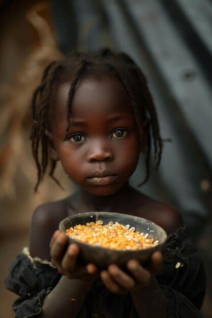 Premium Photo | A little African hungry child with a plate of food in ...