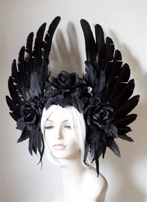 Raven Rose Headdress Black Feather Crown Costume Wings Roses Etsy