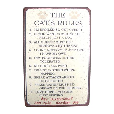 Funny Cats 10 Rules Novelty Tin Sign Metal Home Wall Art Pet Lover