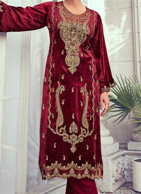 Shop Maroon Velvet Embroidered Straight Pant Suit Party Wear Online At