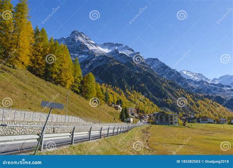 Beautiful Landscape View Of Sulden Small Town At Bolzano Italy In Autumn Nature Background Stock