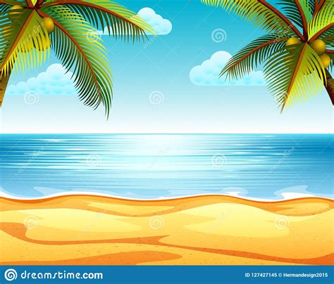 The Tropical Beach View With The Sandy Beach And Two Coconut Tree In