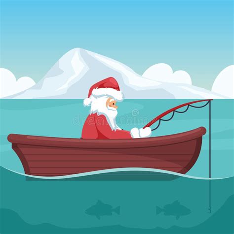 Design Of Santa Claus Fishing In His Boat At Christmas Stock Vector