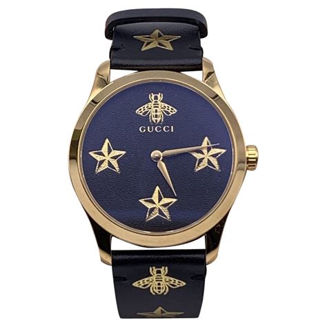 Gucci Gold Black Leather G Timeless 1264 Wrist Watch Bee And Stars For Sale At 1stdibs