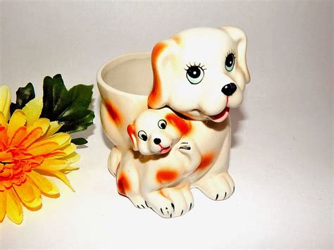 Dog And Puppy Planter Spaniel Mother Baby Ceramic Dish Vintage Retro