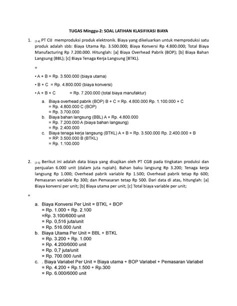 Soal Konsep Biaya Dan Klasifikasi Biaya B Tugas Minggu 2 Soal