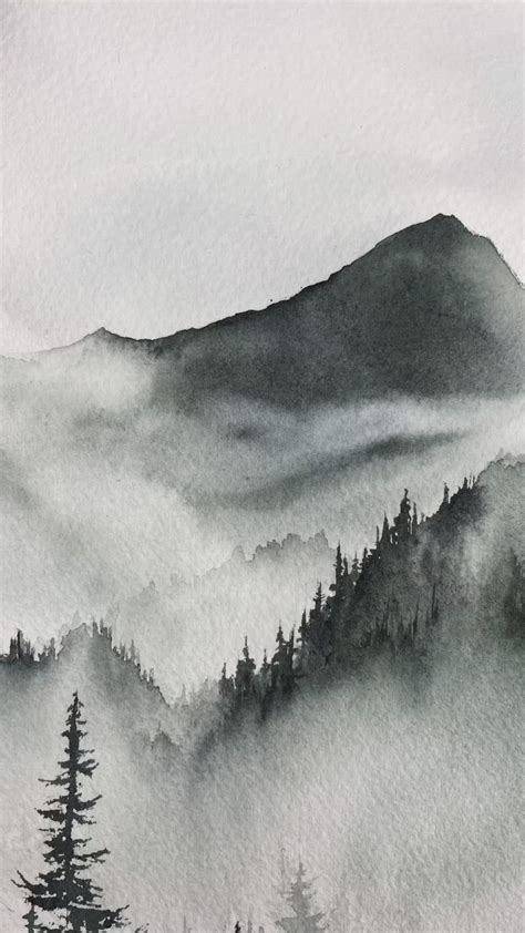 Foggy Mountains And Forest Watercolor Landscape