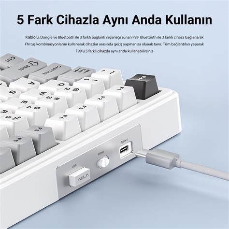Aula F99 3 Modlu RGB Hot Swap Mekanik Linear GrayWood V3 Switch Kablosuz Makrolu Klavye Gri