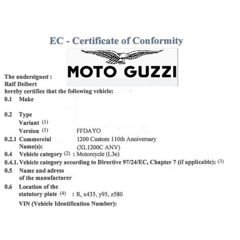 Certificat de conformité Européen pour MOTO GUZZI moto