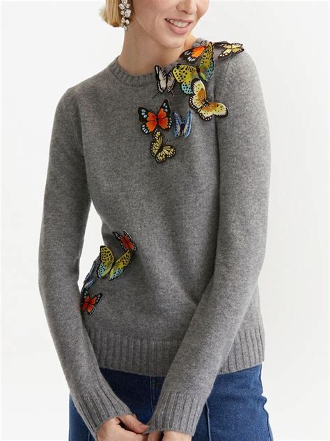 Oscar De La Renta butterfly appliqué crew neck Jumper Farfetch