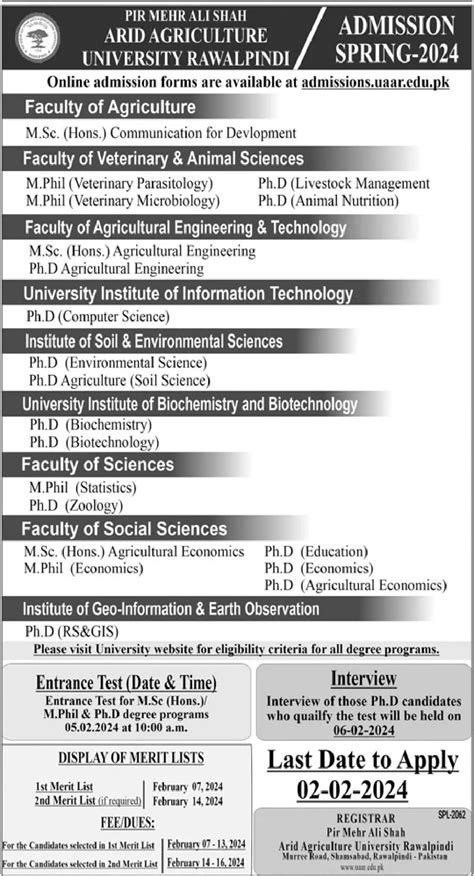 Pir Mehr Ali Shah Arid Agriculture University Rawalpindi Admissions