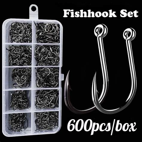 600Pcs Fishing Fishhook Set Mixed Size High Carbon Steel Carp Rope