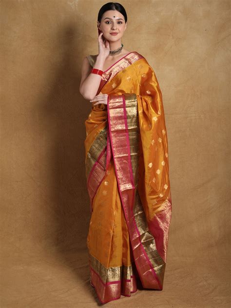 Symphonic-Sunset Brocaded Silk Saree from Karnataka with Iruthalai ...