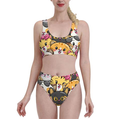 Haiem Cute Cat Cartoon Women S High Waisted Bikini Set Two Piece