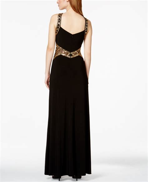 Lyst Betsy And Adam Crisscross Beaded Illusion Halter Gown In Black