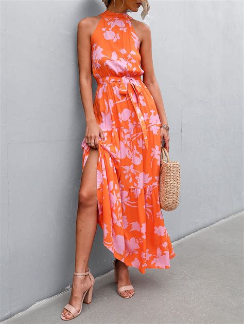 Shein Vcay Floral Print Ruffle Hem Belted Dress Shein Usa