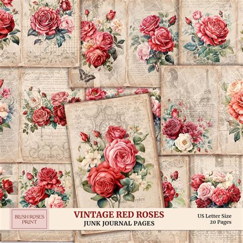 Shabby Chic Junk Journal Pages Vintage Red Roses Journal Kit Ephemera