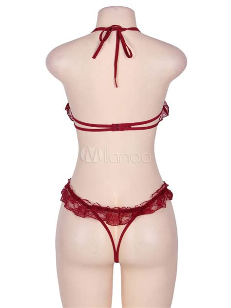 Burgundy Lace Teddies Cupless Womens Halter Sexy Lingerie