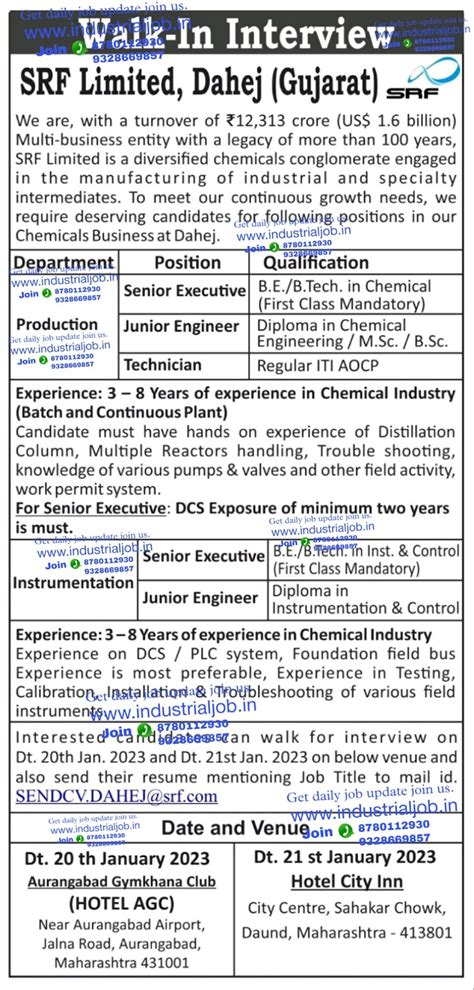 Srf Limited Dahej Gujarat Job Vacancy Interview 20th 21st January 2023